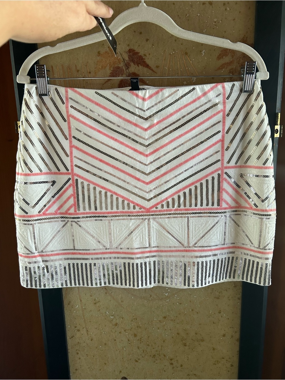 NWT Express White Mini Skirt with Pink and Silver Geometric Sequin Design